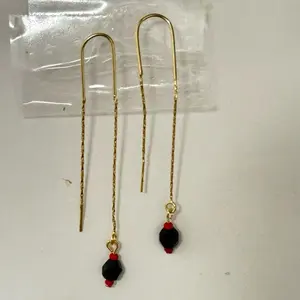 14k Gold Plated Long Earrings with Black Beads and Gold Tassel non tarnish