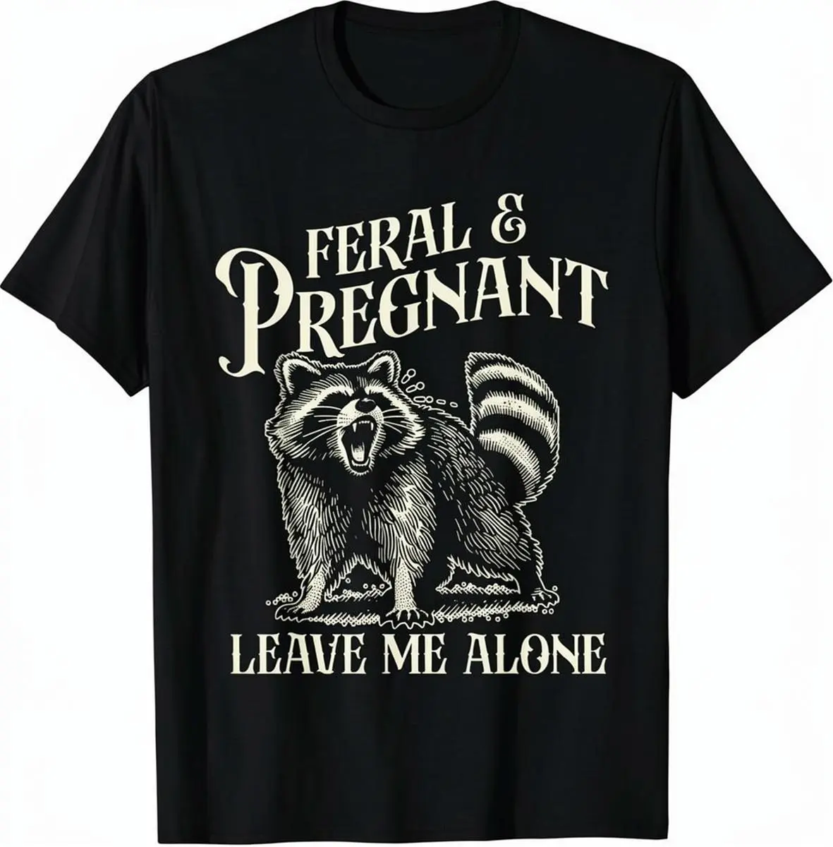 Classic Fit 'Feral and Pregnant' Raccoon Tee, Comfortable Shortsleeve Round Neck Novelty Tops for Relaxed Weekends, Unisex, Print, Crew Neck, Streetwear, Tshirt, Casual, Cotton, Classic Fit, Easy To Style, Relaxed Fit