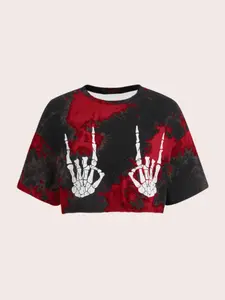Summer Dye Rock Skull Hand Music Festival Print Round Neck Short Sleeve T-Shirt, Women's Casual Everyday Home Wear Top, Fitted Style