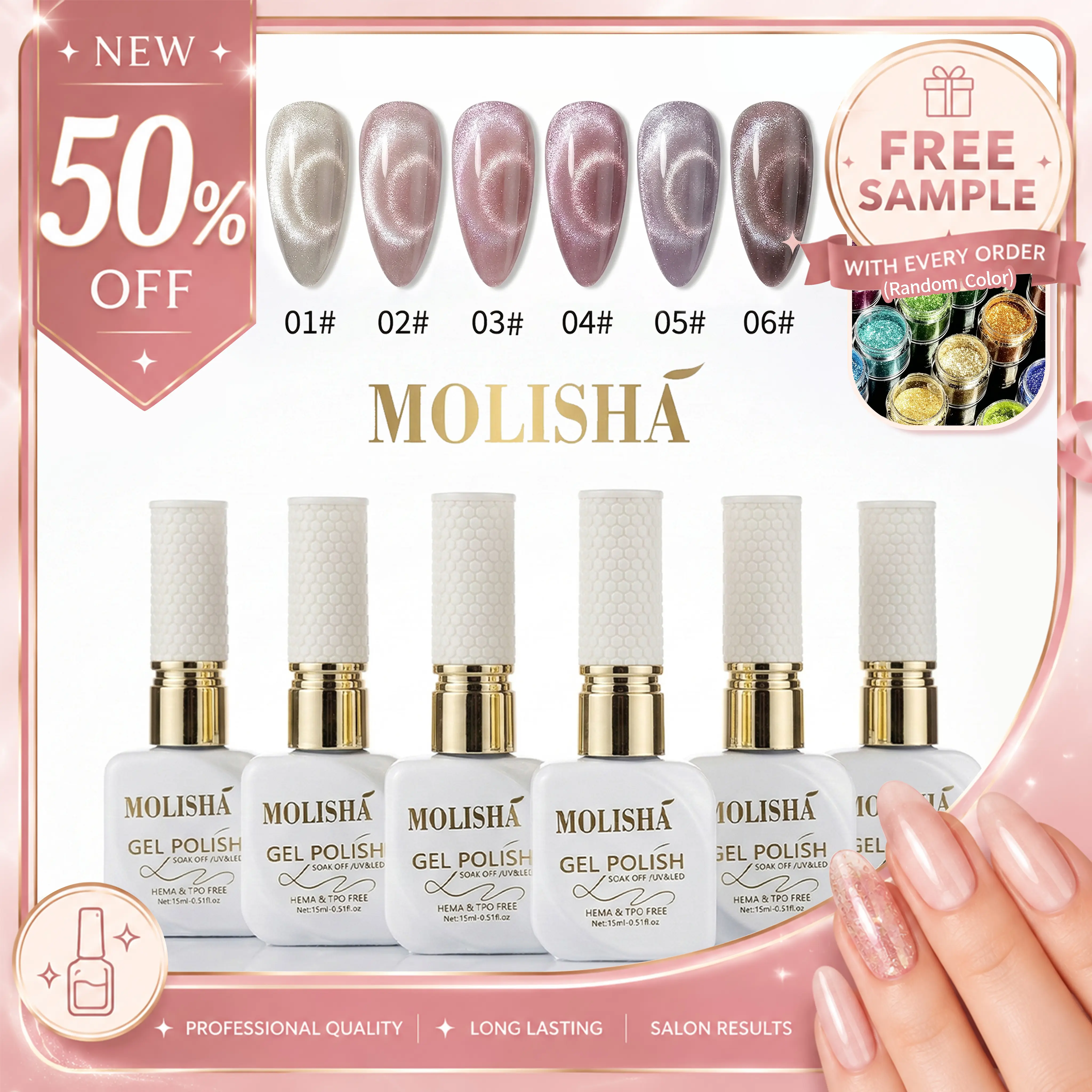 MOLISHA Cat Eye Gel Nail Polish Kit - 6-Color Misty Pink Star Veil Magnetic Gel Polish, Magnetic Tool Included, Ideal Gift for Women’s Shiny Custom Nail Art elegant look square false nail