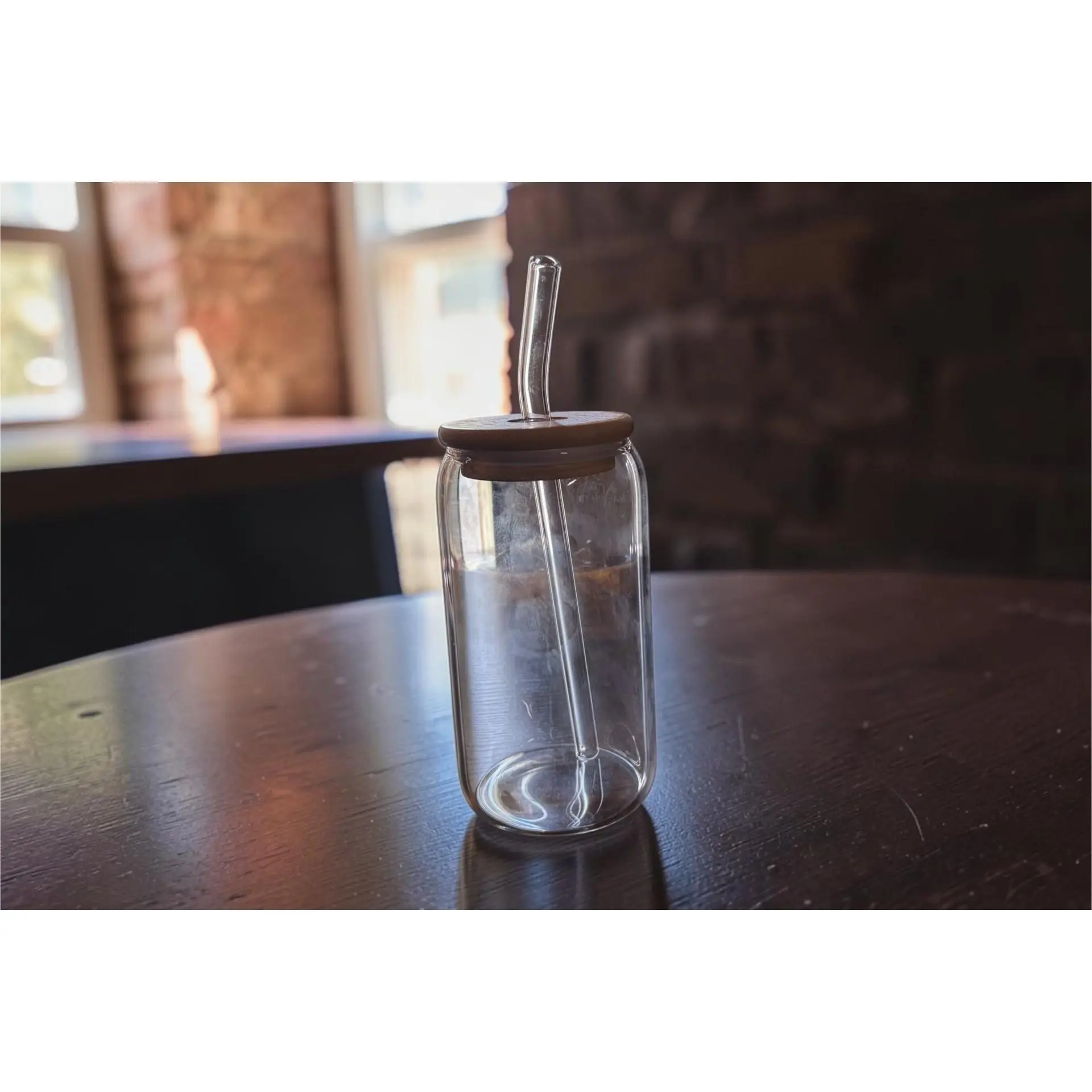 16 Ounce Clear Glass with Bamboo Lid and Glass Straw - Available in Various Transfers