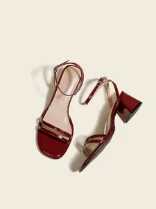Women's Wine High Heel Sandals, Cat Heel Strap Sandals, Simple Slip-On Shoes, Comfortable Fashion, 6cm Wedge Heels, Buckle Design