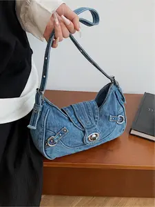 High-end retro hot girl denim commuter underarm bag new autumn and winter niche design motorcycle bag versatile single shoulder crescent bag Denim Shoulder Satchel Bag suitable for workplace commuting, shopping, partying, daily use of trendy accessories