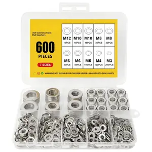600 count Flat Washers Assortment Kit, 304 Stainless Steel Metal Washers, 7 Sizes (M3 M4 M5 M6 M8 M10 M12) Washers for Screws and , Automotive Industrial  Use