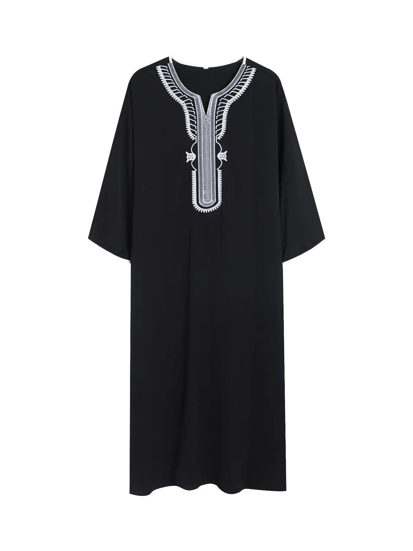Men's Embroidered Contrast Binding Kaftan, Casual Notched Neck Batwing Sleeve Long Kaftan, Fashion Men's Islamic Clothing, National Day Clothing