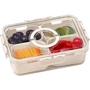 Small Snackle Box Container with Lid 4 Compartment Travel Snack Container with Handle Divided Serving Tray with Lid Portable Snack Box for Candy Fruits Nuts Snacks Veggies