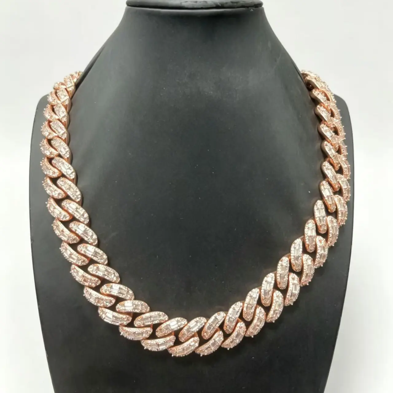 M2-9099 Chunky Baguette Cut Cuban Link Chain with Dripped Out Bling Warm Tone Finish for Bold Street Style Accessories Statement Necklace Heavyweight Gold Plated