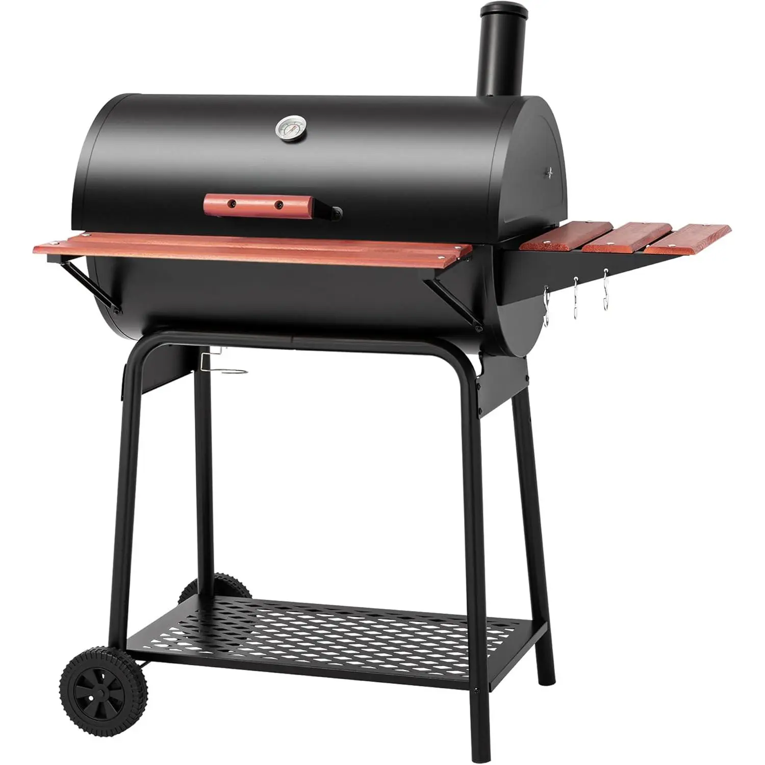 Black 30-Barrel Charcoal Grill with Wood-Painted Side-Front Table, 627 sq in Cooking Space, Steel Construction, Meat-Resting Rack, Sturdy Handles, Unisex for Outdoor Backyard, Patio Use, Barbecue