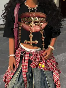 Women 100% Lip Print Round Neck Casual Street Style T-Shirt, Street Hip-Hop Style Women'S Summer Tops