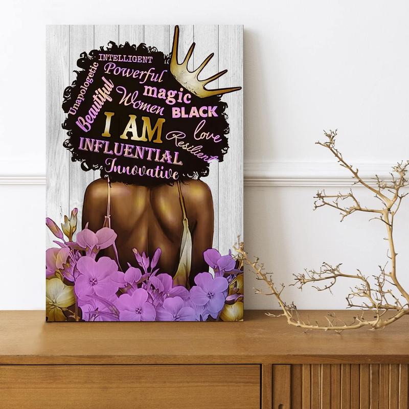 Black Queen Wall Art Poster African American Canvas Wall Art Black Women Purple Flowers Inspirational Quotes Poster Abstract Contemporary Canvas Prints Painting for Living Room Bathroom Bedroom Home Decorations Frame