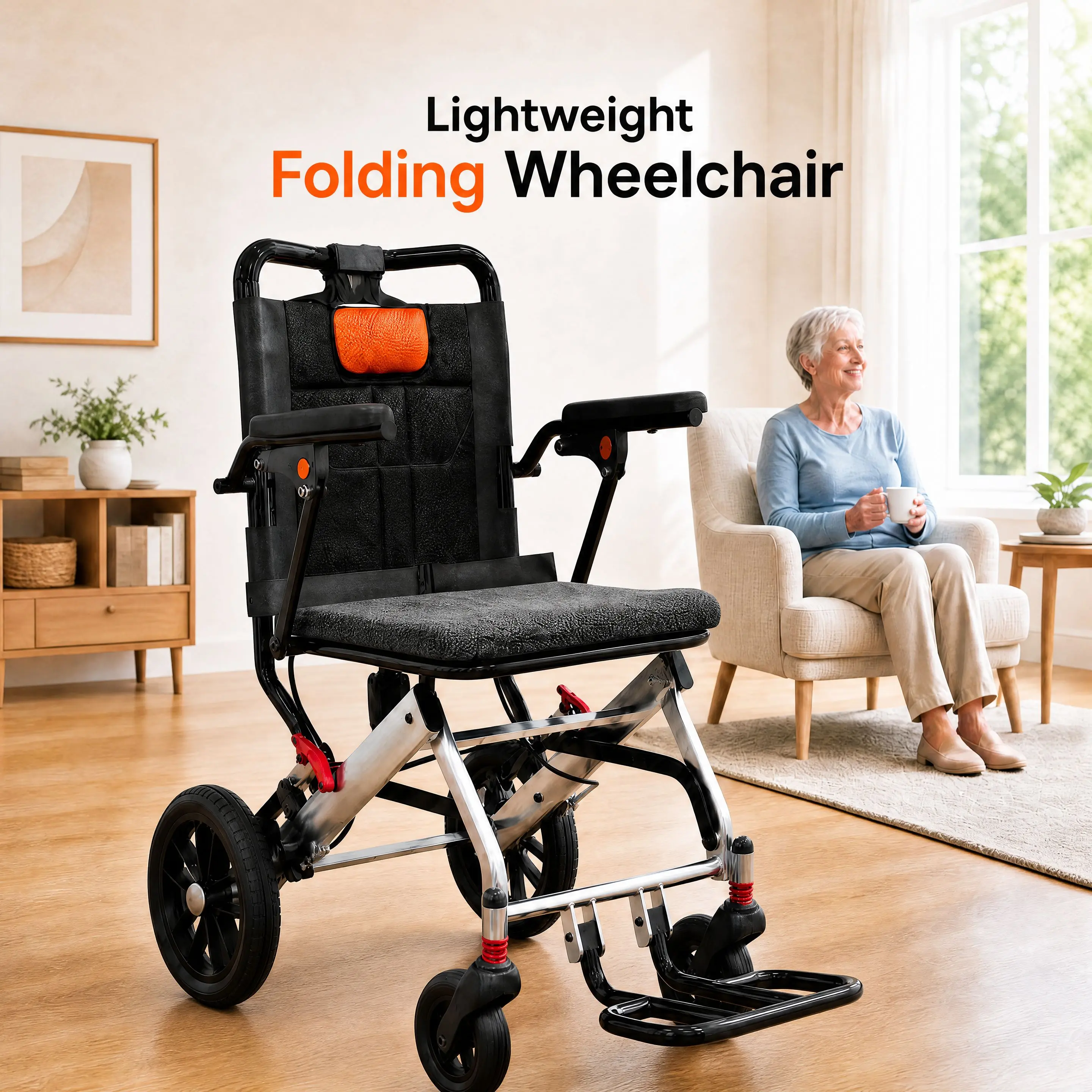 Transport Wheelchair Lightweight Foldable for Seniors, Aviation Aluminum & PVC Wide Frame, 16" Seat Width, 8" PVC Rear Wheels, Thick Shock-Absorbing Cushion, Foldable,Orange