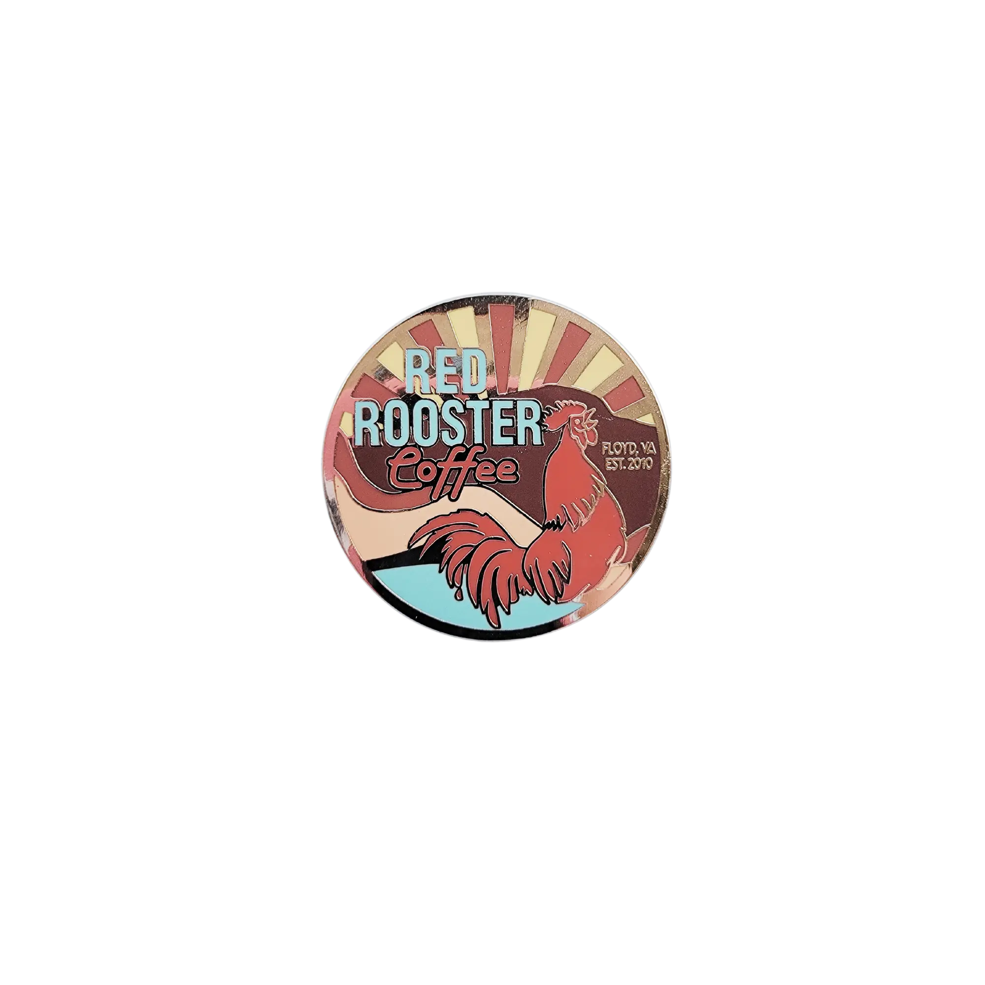 Red Rooster Coffee Sunset Enamel Pin 1.25 Inch Diameter Gold Plated Military Clutch Back