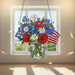Patriotic Flower Suncatcher, Holographic Acrylic Flag Jar Art, American Flag Window Hanging, USA Sun Catcher, 4th of July Decor, Patriotic Home Decor