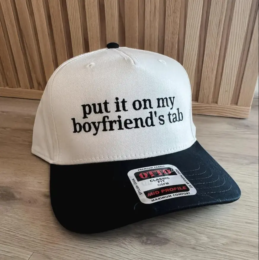 Put It On My Boyfriends Tab Embroidered Hat Funny Two Tone Baseball Cap Humor Womens Gif Custom Thread Colors