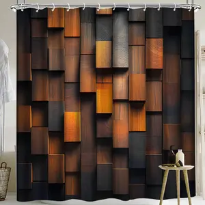 Wooden Block Pattern Bathroom Accessories, 1 Set Including Shower Curtain & Toilet U-shape Mat & Toilet Lid Cover & Bath Mat, Bathroom Decor Supplies, Bathroom Decoration Accessories, Shower Curtain Sets, Restroom Bathroom Accessories