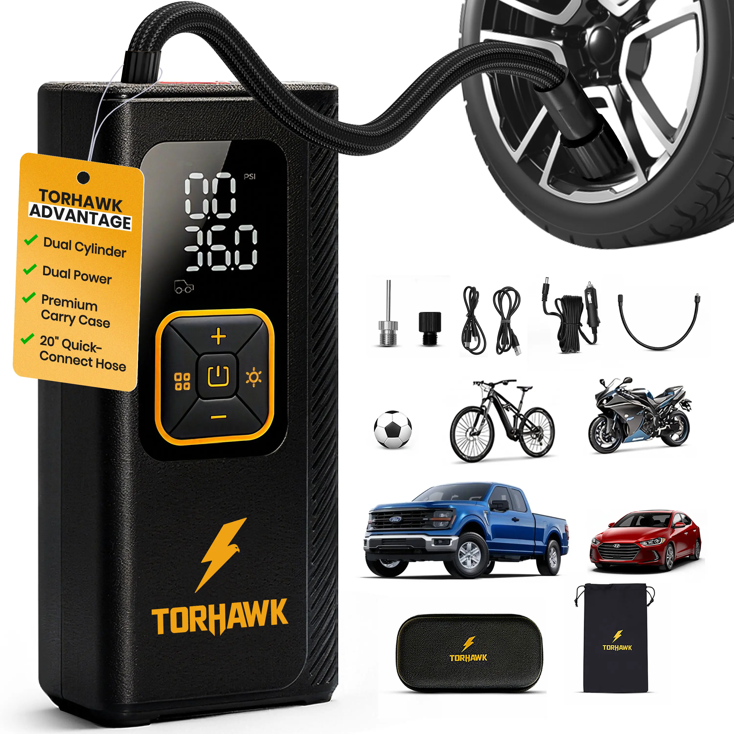 Dual Power Tire Inflator Air Compressor - Portable 160 PSI Fast Cordless Air Pump for Cars, 7500mAh Batteries, 12V Car Outlet, Digital Gauge, LED Light, Auto Shut-Off, 20 Mins Use Time, Storage Case for Drivers