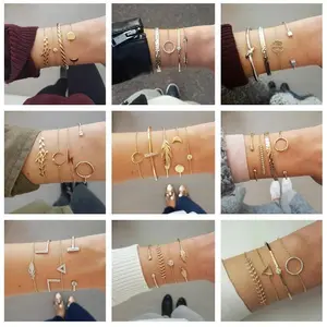 Trendy Gold Silver Crystal Leaf Moon Arrow Cat Bracelet set for Women Geometric Adjustable Bracelet Bangle Pulseiras