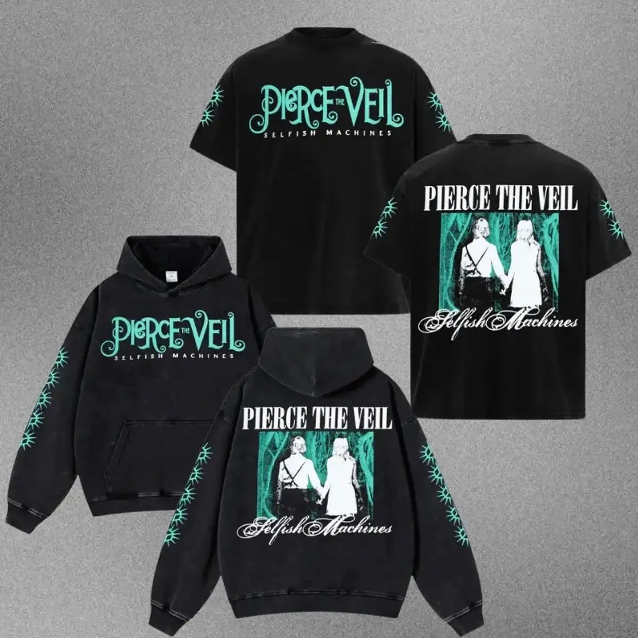 Pierce The Veil Band - Selfish Machines Holding Hands Retro Unisex Acid Washed Hoodie T-Shirt, I Can't Hear You World Tour 2025 Shirt Hoodie, Classic Post Hardcore Hoodie Tshirt, Alternative Streetwear Essential for Rock Lovers 6WG