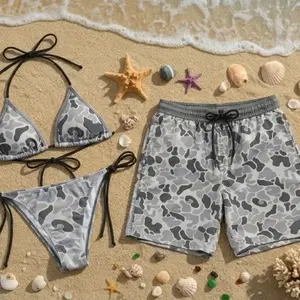 Grey Camo Couples Swimwear Set – Aesthetic Triangle Bikini & Matching Swim Trunks, Trendy Summer Beach Party Outfit, Lightweight Comfortable Vacation Wear
