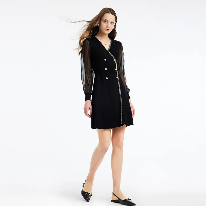 Tulle Sleeve V-Neck Double-Breasted Mini Dress Fit Summer
