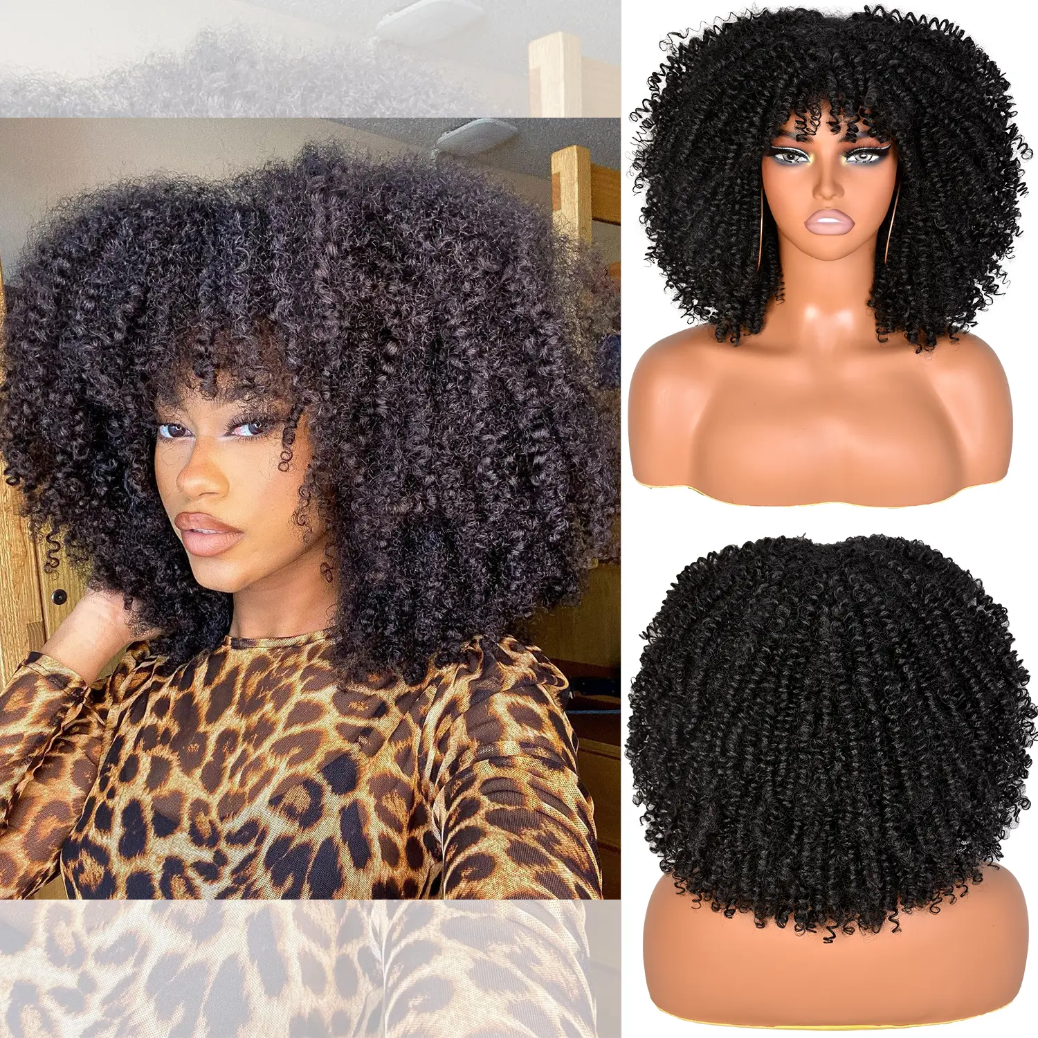 MURAMURA Curly Wigs for Black Women Afro Curly Wigs with Bangs Afro Hair Synthetic Heat Resistant Wigs Short Curly Wig
