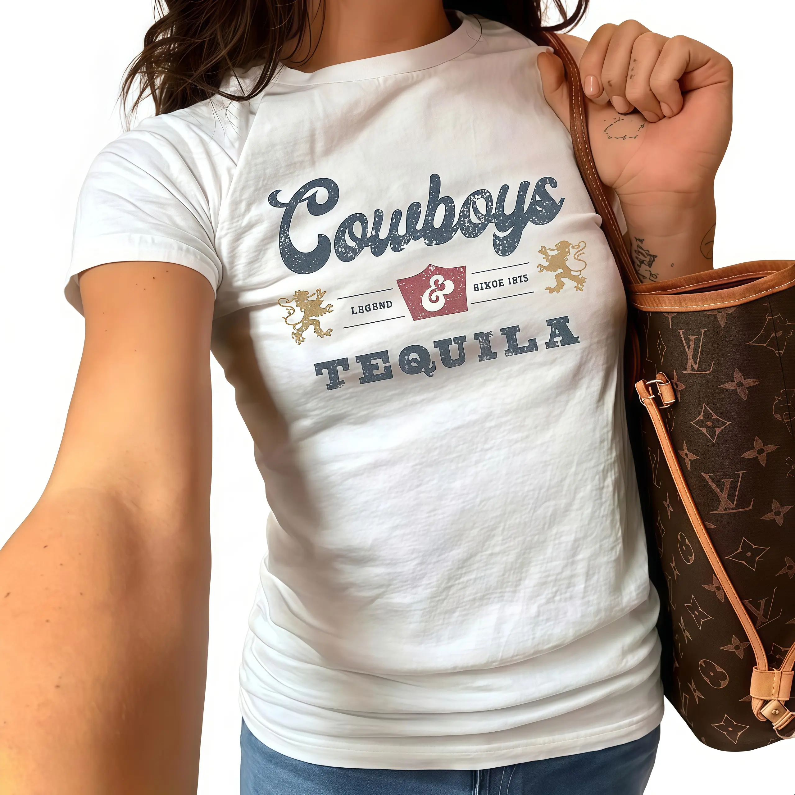 Vintage Aesthetic, Cowboys & Tequila Graphic T-shirt, Y2K Western Cowgirl Shirts, Rodeo Outfit Tshirts, Men's Casual Classic Soft Breathable Cotton Crewneck Graphic Print Tee Top, Summer OOTD Streetwear Shirt& Tshirt for Menswear & Womenswear Gifts