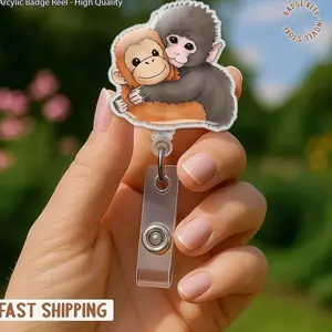 Monkey Badge Reel, Viral Monkey Holding Plush, Cute Animal Lover Gift, Trendy Retractable ID Holder