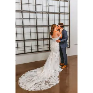 Laurel Off-Shoulder Custom Champagne Wedding Dress with Floral Lace + Chantilly Lace by Brides & Tailor