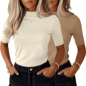 2 Pack Women's Mock Turtleneck T Shirts, Half Sleeve Business Casual Tunic Tops Slim Fit Summer Basic Dressy Tee Shirt