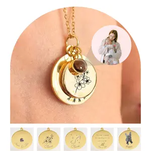 Photo Projection Necklace, Engraved Necklace, Gold Disc Necklace, Birthstone Gift For Her Valentines, Mothers Day, Birthday