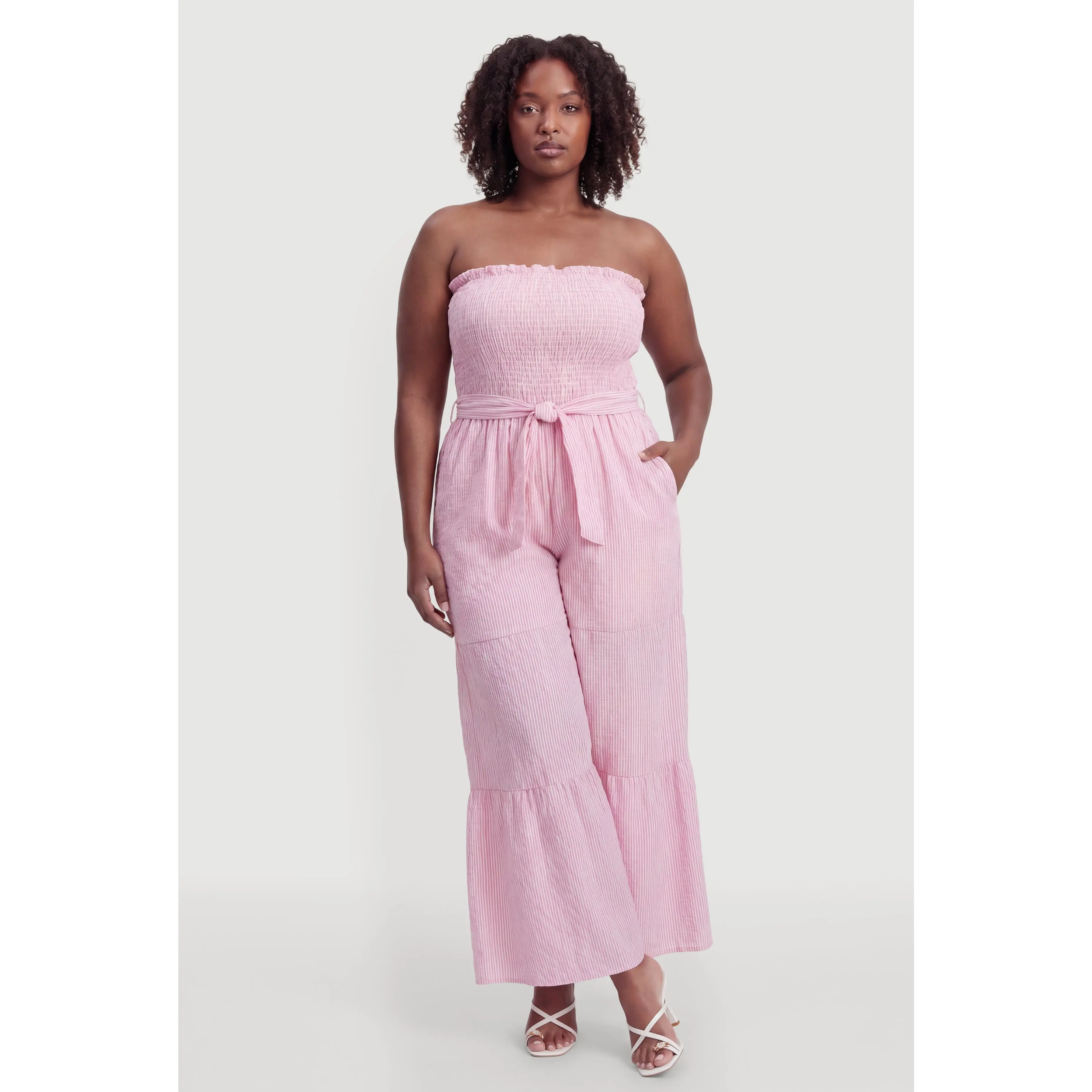 Plus Size Striped Tie Waist Belted Strapless Jumpsuit