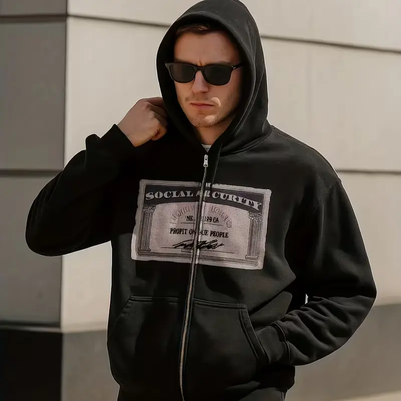 2000s Social Security Card Graphic Hoodies Y2k Oversized Zip Up