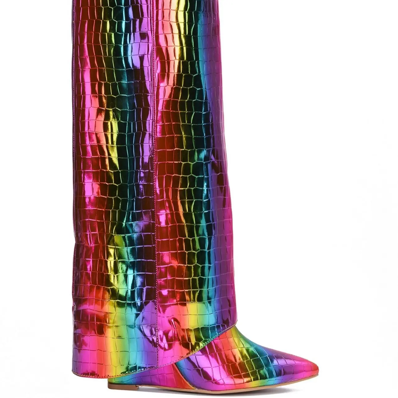Rainbow Metallic Crocodile-Embossed Boots Bold Statement Footwear