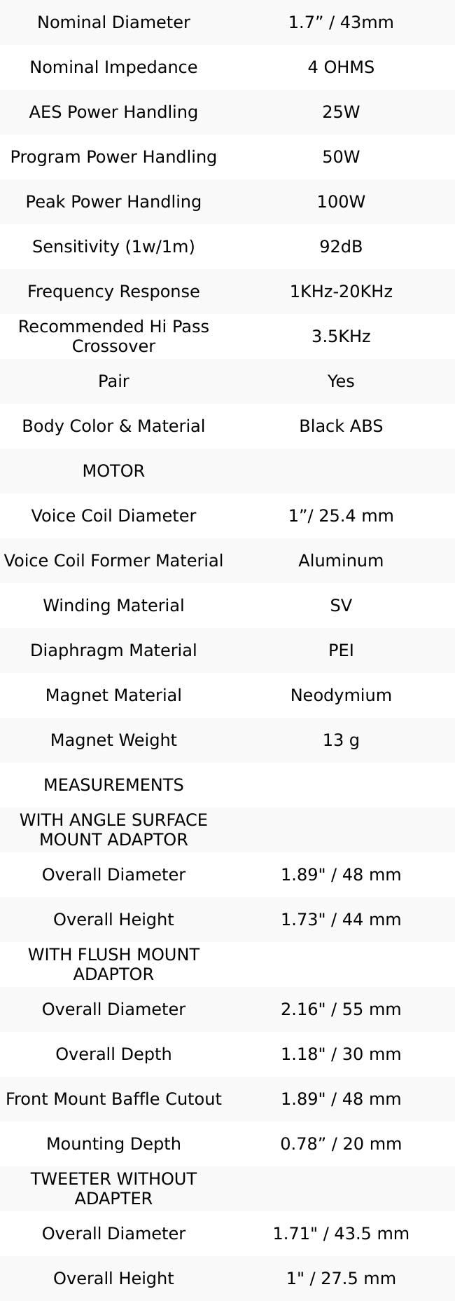 1.7" Dome Neodymium Tweeter 50 Watts 1" Pei 4-Ohm Vc
