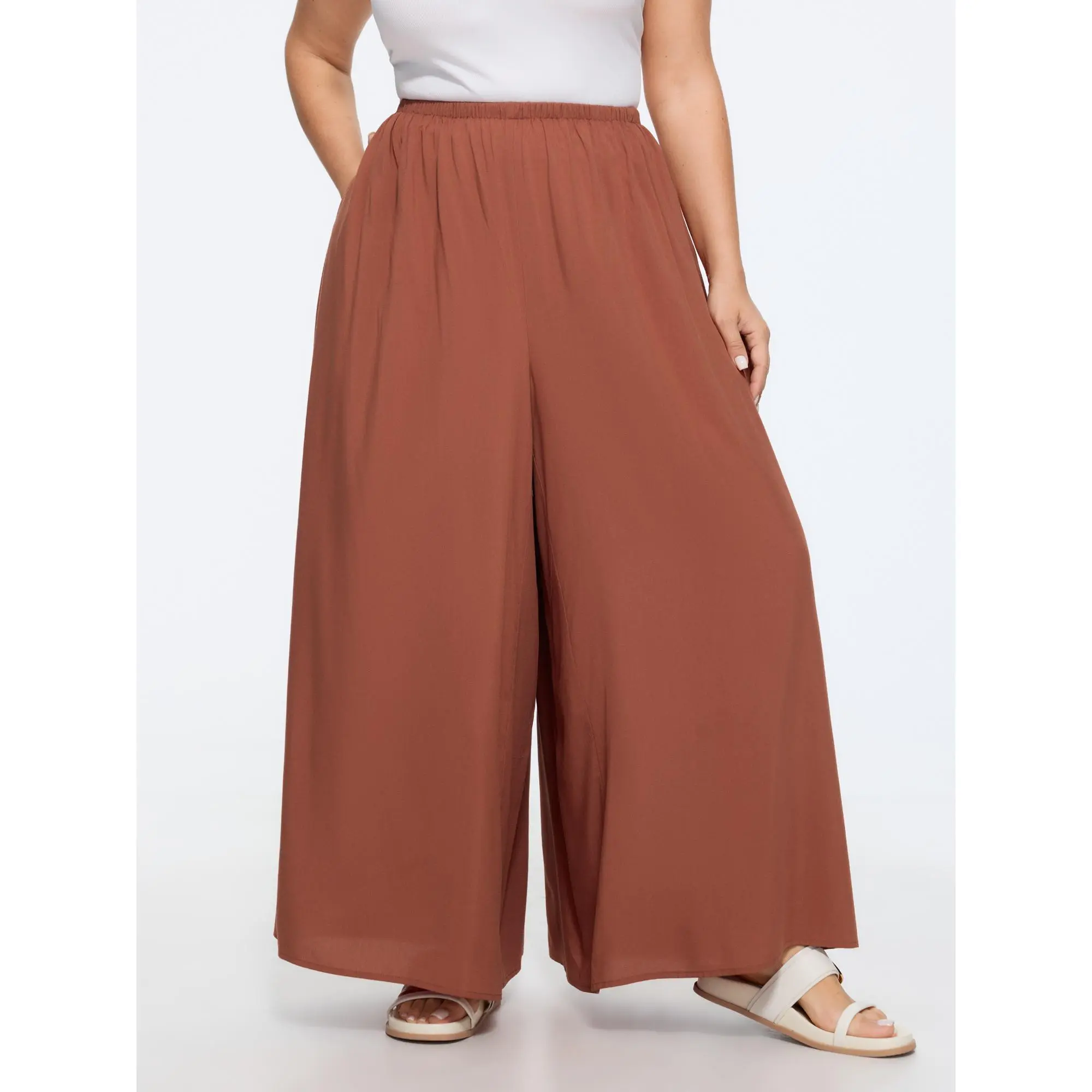 BloomChic Plus Size Flowy Wide-Leg Pants, High Rise Shirred Waist in Smooth Rust Rayon Fabric with a Side Pocket, Bottoms, Baggy, Garment, Oversized, Basic