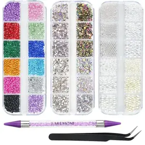 5200PCS Nail Gems and Charms, AB Crystal Nail Rhinestones with Flatback Nail Pearls, Pick Up Tweezers, Rhinestone Picker Tool, Flat Back Nail Gems for Nail Art, Clothes, Face, Craft