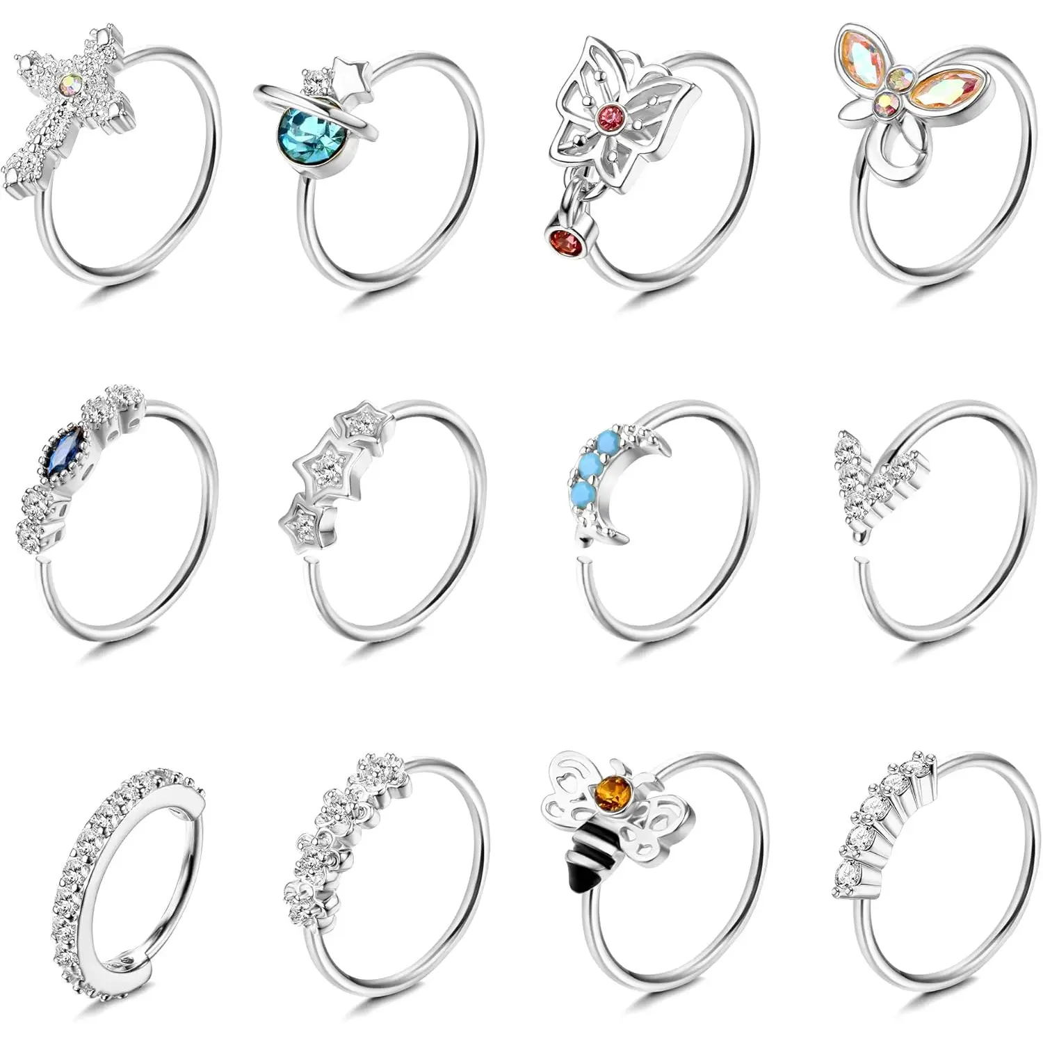 Surgical Steel Nose Piercing Jewelry, 12-Piece Hoop and Stud Set for Men & Women, Hypoallergenic Body-Safe, Nose Piercings, Hoops, Faux Nose Ring Hoop Piercing Jewelry