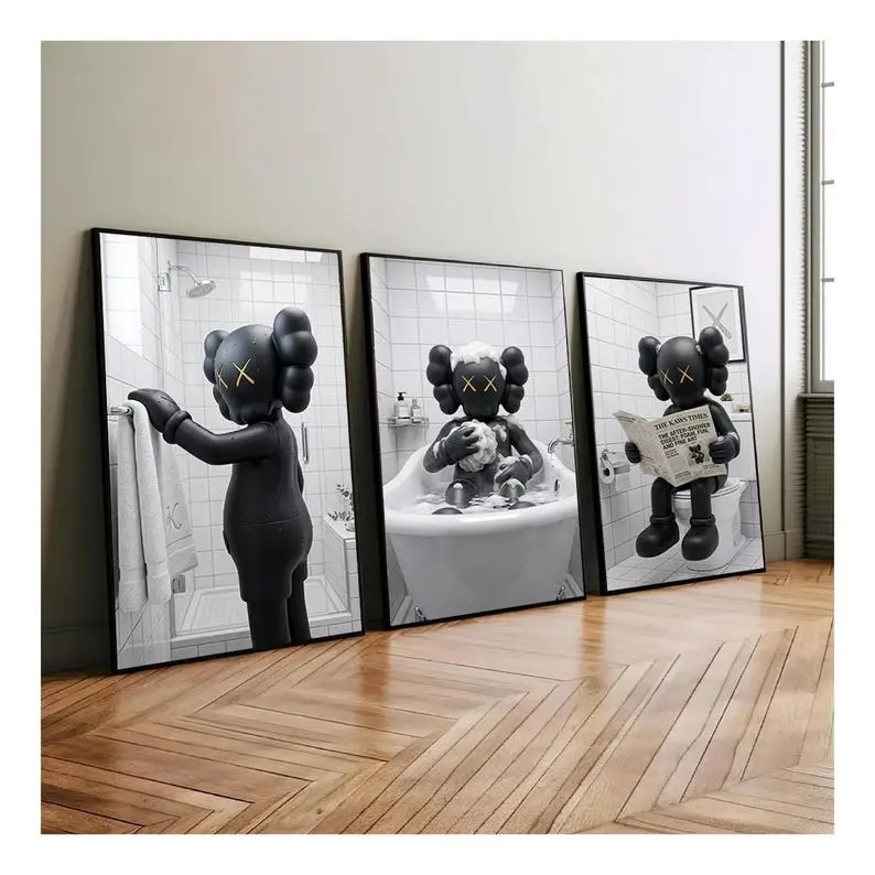 Black Bath Kaws Wall Art Set of 3, Hypebeast Shower Art Prints Art, Hypebeast Graffiti Decor, Home Office Art