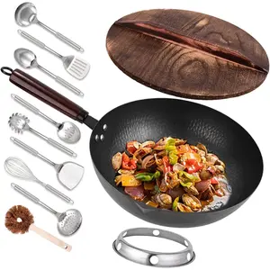 12.8" Carbon Steel Wok-11Pcs Woks & Stir Fry Pans Wok Pan with Lid, No  Coated Chinese Woks with 10 Cookware Accessories, Flat Bottom Wok for Electric, Induction,Gas Stoves