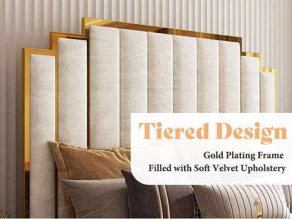 AMERLIFE Bed Frame with 65" Headboard, Upholstered Platform Bed with Golden Plating Trim, Modern Luxury Bed Frame, No Box Spring Needed/No Mattress/Queen/King/Best Gift Ideas/Christmas Gifts