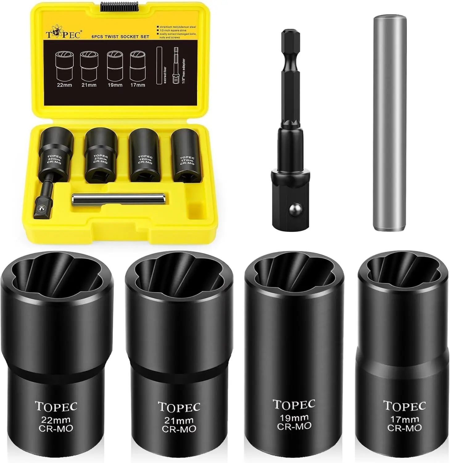Topec 6PCS Lug Nut Removal Tool, 1/2-Inch Drive Wheel Lock Removal Kit, 17,19,21,22mm Stripped Lug Nut Remover, Extractor Socket Set for Broken, Damaged, Rounded Bolts