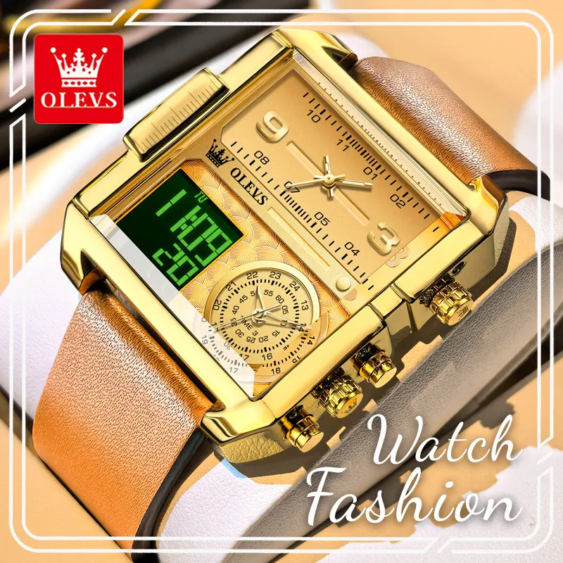 OLEVS 1101 Men's 42mm Rectangle Analog-Digital Watch - Dual Display Quartz Wristwatch, Large Dial, Dual Time Zone, Stopwatch, Backlit, Day & Date, 3ATM (30M - 50M) Splash Resistant, Alloy Case, PU Leather Band, Daily Wear Fashion Gift