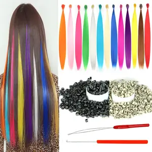 Synthetic Colored Hair Extensions for Women 20 Inch Hairpieces With 100pcs Silicone Micro link Beads And 2 Crochet Hooks (20'', 13 colored hair mix colors)