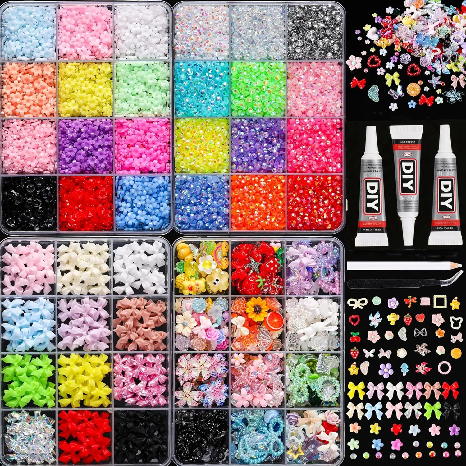48pcs Resin Jelly Rhinestones, Multi-Color Flat Back Rainbow Gems, Includes Glue & Tweezers, DIY Crafts, Fashion, Nail Art Decorations, Nail Art Supplies, Bling Rhinestone Decoration，Nail Art Rhinestones / Flatback Crystals / Multi-Color / Pickup Tool