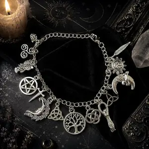 Vintage Witchy Charm 2-in-1 Bracelet & Anklet - Silver-Tone Pagan-Inspired Jewelry with Moon, Sun, Tree of Life, Owl, Pentagram Charms - Celestial Gothic Boho Gift (Celestial Theme, Dark Romance Vintage, Moon and Sun Symbol, Mystery Bracelets & Bangles)