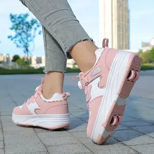 Kids' 2-in-1 Wheeled Sneakers, Pink Rotary Buckle Roller Skate Shoes, Casual Daily Wear for Kids