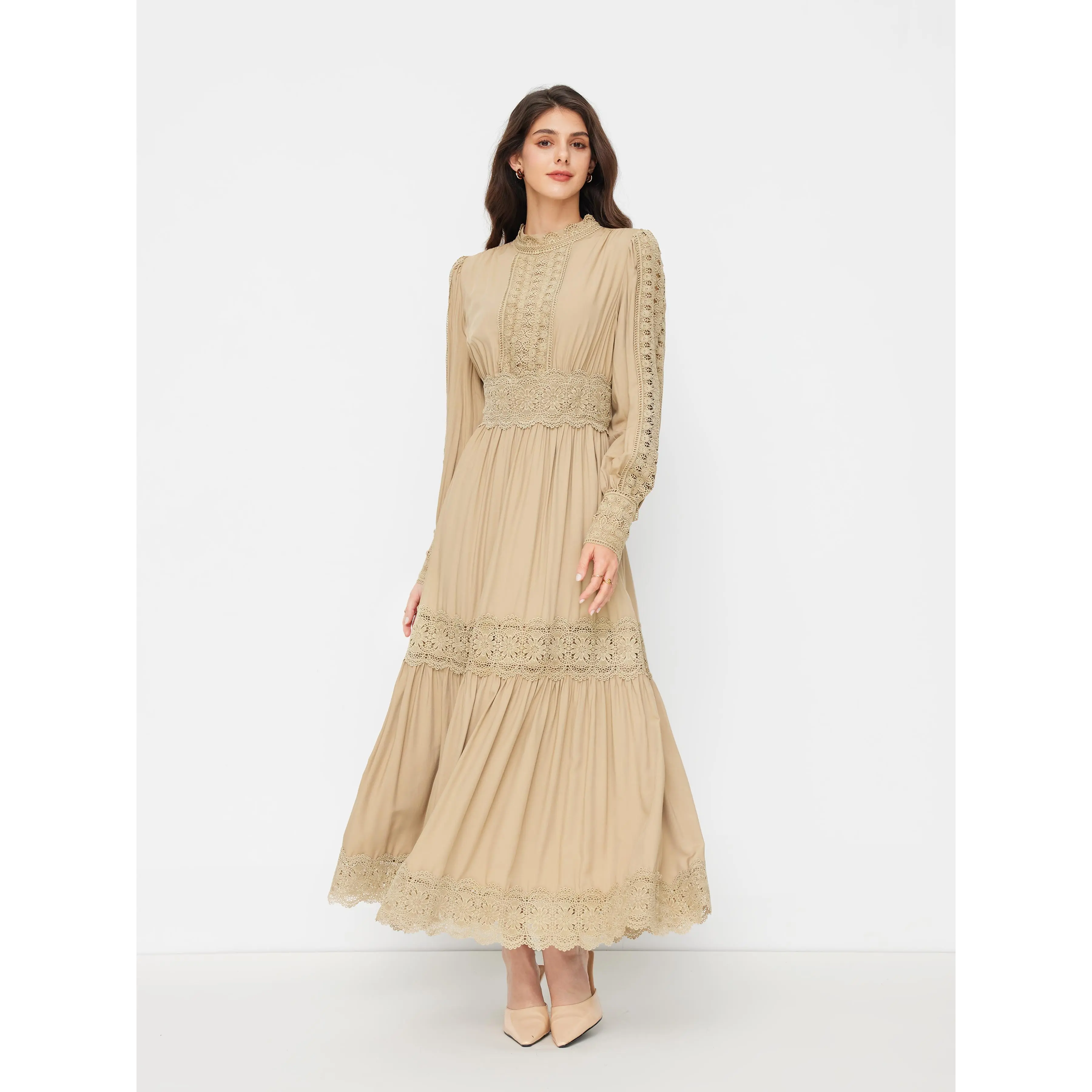 Cider High Neck Long Sleeve Contrasting Lace Hollow Out A-line Maxi Dress  SwimWeek - TikTok Shop