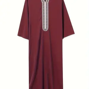 Men'S Elegant Maroon Kaftan with Intricate Beadwork Detail - Casual, Non-Stretch Polyester, V-Neck, Regular Fit, All-Season Wear, Casual Attire|Elegant Vneckline|Decorative Beadwork, Kaftan