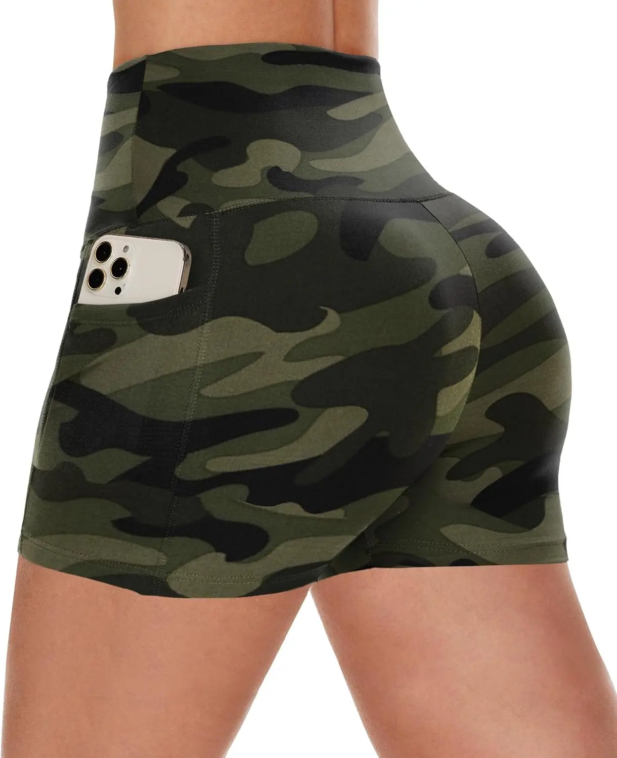 GYMSETTER 3" High Waisted Green Camo Biker Shorts with Pockets for Women - 4-way Stretch and Spandex Tummy Control