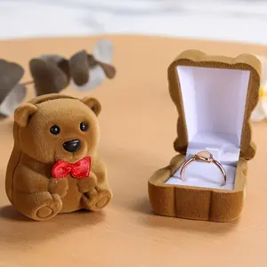2pcs Adorable Pink Teddy Bear Jewelry Storage Box - Octagonal Flocking Ring Holder with Heart Detail, Snuggle-Soft Fabric Interior, Clasp Closure for Proposals & Gifts